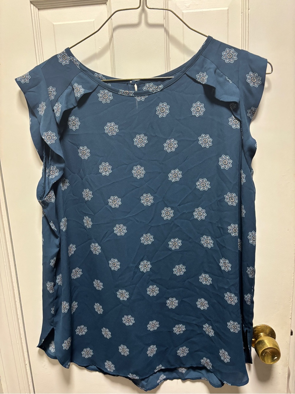 Teal Blue Floral Ruffle Sleeve Women’s Top